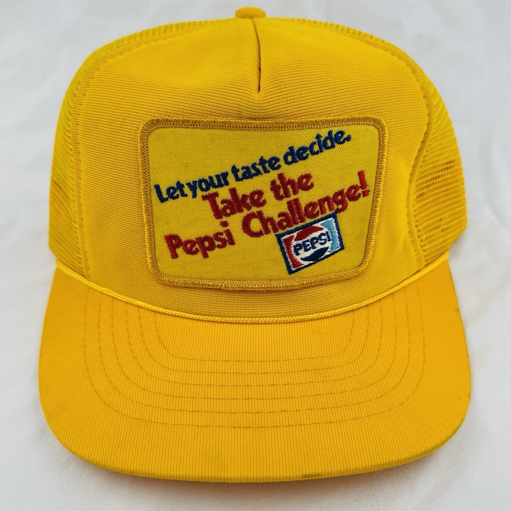 Vintage 80s Pepsi Challenge Yellow Mesh Trucker Hat Snapback Soda Advertising